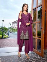 Thumbnail for Malishka Women's Crepe Printed Straight Kurta Pant With Dupatta - Purple - Distacart