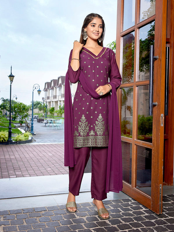 Malishka Women's Crepe Printed Straight Kurta Pant With Dupatta - Purple - Distacart
