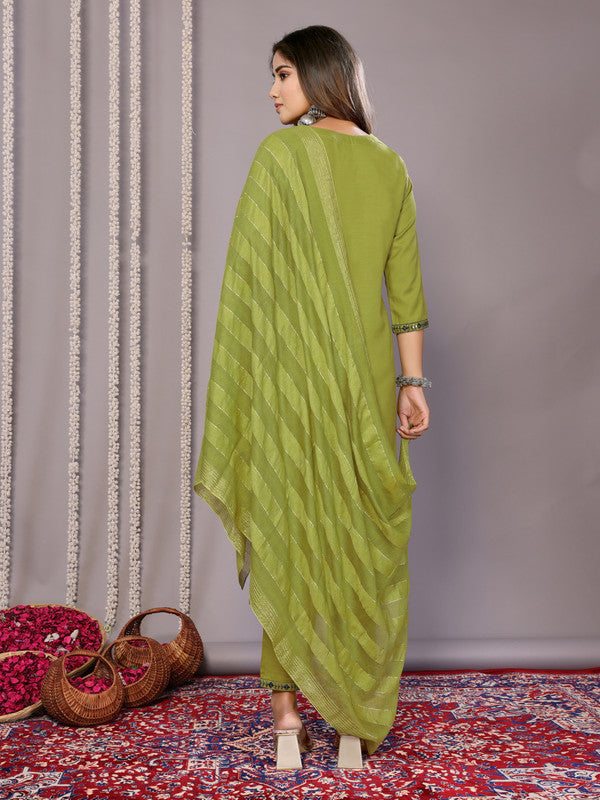 Malishka Women's Cotton Blend Embroidered Straight Kurta Pant With Dupatta - Mehndi Green - Distacart