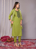 Thumbnail for Malishka Women's Cotton Blend Embroidered Straight Kurta Pant With Dupatta - Mehndi Green - Distacart