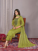 Thumbnail for Malishka Women's Cotton Blend Embroidered Straight Kurta Pant With Dupatta - Mehndi Green - Distacart