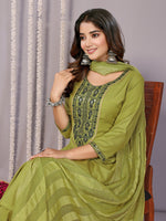 Thumbnail for Malishka Women's Cotton Blend Embroidered Straight Kurta Pant With Dupatta - Mehndi Green - Distacart