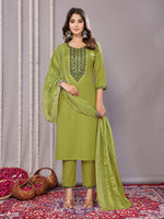 Thumbnail for Malishka Women's Cotton Blend Embroidered Straight Kurta Pant With Dupatta - Mehndi Green - Distacart