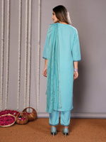 Thumbnail for Malishka Women's Cotton Blend Embroidered Straight Kurta Pant With Dupatta - Turquoise Blue - Distacart