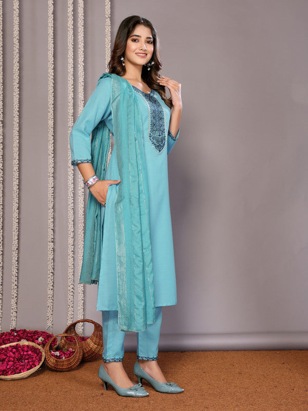 Malishka Women's Cotton Blend Embroidered Straight Kurta Pant With Dupatta - Turquoise Blue - Distacart