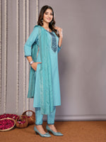 Thumbnail for Malishka Women's Cotton Blend Embroidered Straight Kurta Pant With Dupatta - Turquoise Blue - Distacart