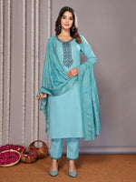 Thumbnail for Malishka Women's Cotton Blend Embroidered Straight Kurta Pant With Dupatta - Turquoise Blue - Distacart