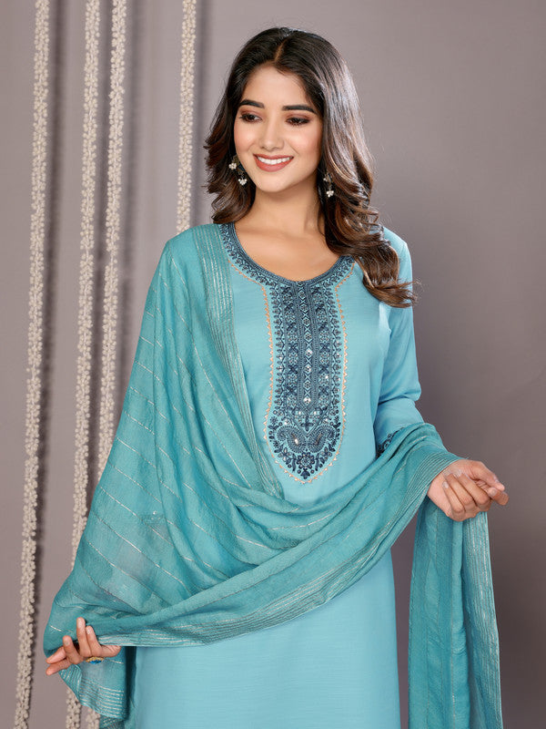 Malishka Women's Cotton Blend Embroidered Straight Kurta Pant With Dupatta - Turquoise Blue - Distacart