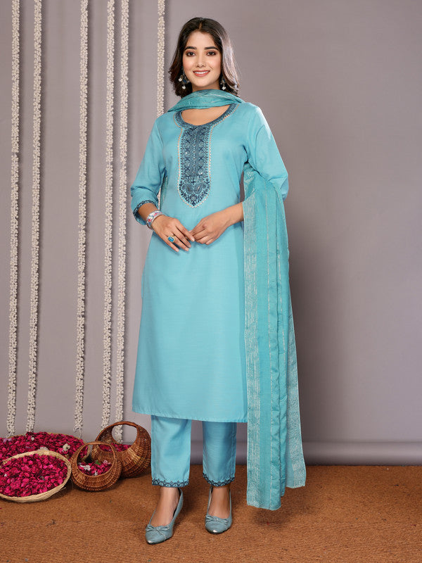 Malishka Women's Cotton Blend Embroidered Straight Kurta Pant With Dupatta - Turquoise Blue - Distacart