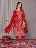 Thumbnail for Malishka Women's Cotton Blend Printed Straight Kurta Pant With Dupatta - Red - Distacart