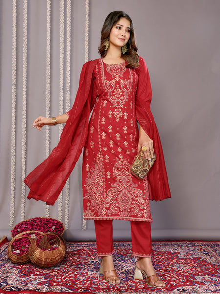 Malishka Women's Cotton Blend Printed Straight Kurta Pant With Dupatta - Red - Distacart