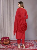 Thumbnail for Malishka Women's Cotton Blend Printed Straight Kurta Pant With Dupatta - Red - Distacart