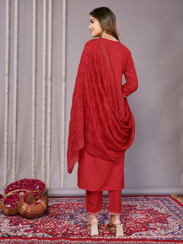 Malishka Women's Cotton Blend Printed Straight Kurta Pant With Dupatta - Red - Distacart