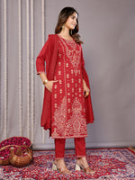 Thumbnail for Malishka Women's Cotton Blend Printed Straight Kurta Pant With Dupatta - Red - Distacart