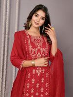 Thumbnail for Malishka Women's Cotton Blend Printed Straight Kurta Pant With Dupatta - Red - Distacart
