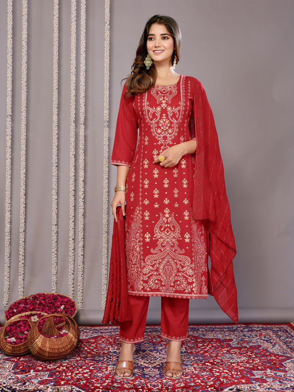 Malishka Women's Cotton Blend Printed Straight Kurta Pant With Dupatta - Red - Distacart