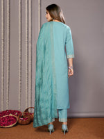 Thumbnail for Malishka Women's Cotton Blend Printed Straight Kurta Pant With Dupatta - Turquoise Blue - Distacart