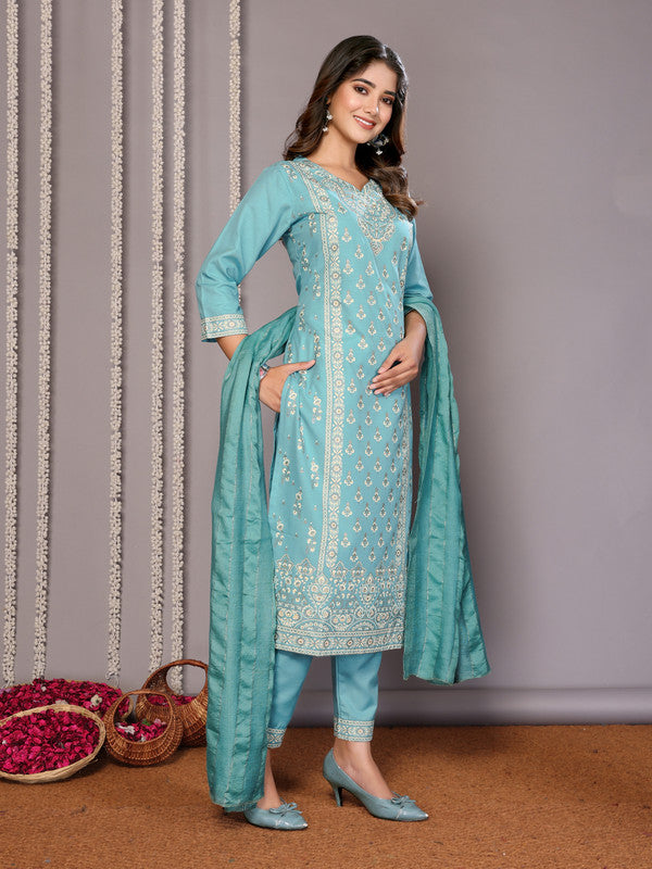 Malishka Women's Cotton Blend Printed Straight Kurta Pant With Dupatta - Turquoise Blue - Distacart