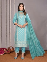 Thumbnail for Malishka Women's Cotton Blend Printed Straight Kurta Pant With Dupatta - Turquoise Blue - Distacart