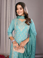 Thumbnail for Malishka Women's Cotton Blend Printed Straight Kurta Pant With Dupatta - Turquoise Blue - Distacart