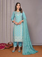 Thumbnail for Malishka Women's Cotton Blend Printed Straight Kurta Pant With Dupatta - Turquoise Blue - Distacart