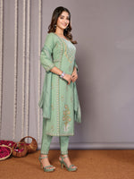 Thumbnail for Malishka Women's Cotton Blend Printed Straight Kurta Pant With Dupatta - Green - Distacart