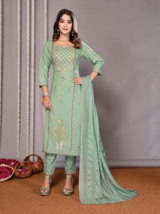 Malishka Women's Cotton Blend Printed Straight Kurta Pant With Dupatta - Green - Distacart