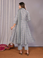 Thumbnail for Malishka Women's Cotton Blend Printed Anarkali Kurta Pant With Dupatta - Grey - Distacart