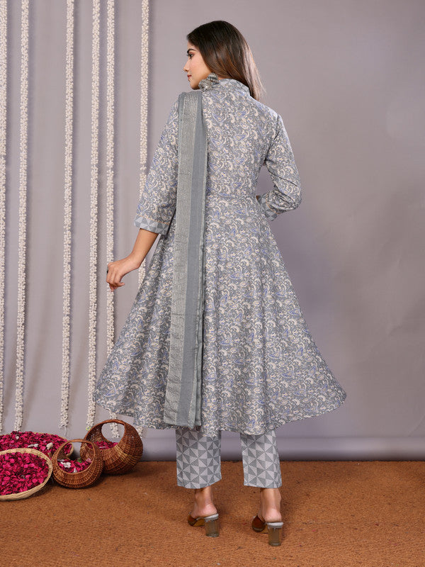 Malishka Women's Cotton Blend Printed Anarkali Kurta Pant With Dupatta - Grey - Distacart
