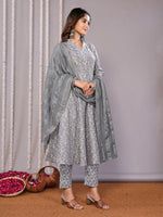 Thumbnail for Malishka Women's Cotton Blend Printed Anarkali Kurta Pant With Dupatta - Grey - Distacart