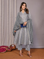 Thumbnail for Malishka Women's Cotton Blend Printed Anarkali Kurta Pant With Dupatta - Grey - Distacart