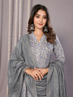 Thumbnail for Malishka Women's Cotton Blend Printed Anarkali Kurta Pant With Dupatta - Grey - Distacart
