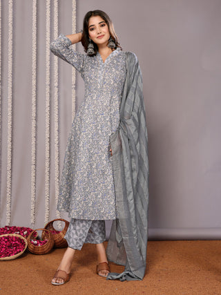 Malishka Women's Cotton Blend Printed Anarkali Kurta Pant With Dupatta - Grey - Distacart