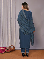 Thumbnail for Malishka Women's Cotton Blend Printed Straight Kurta Pant With Dupatta - Teal Blue - Distacart