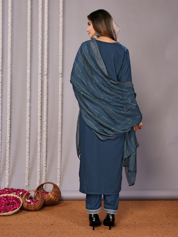 Malishka Women's Cotton Blend Printed Straight Kurta Pant With Dupatta - Teal Blue - Distacart