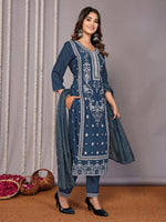 Thumbnail for Malishka Women's Cotton Blend Printed Straight Kurta Pant With Dupatta - Teal Blue - Distacart