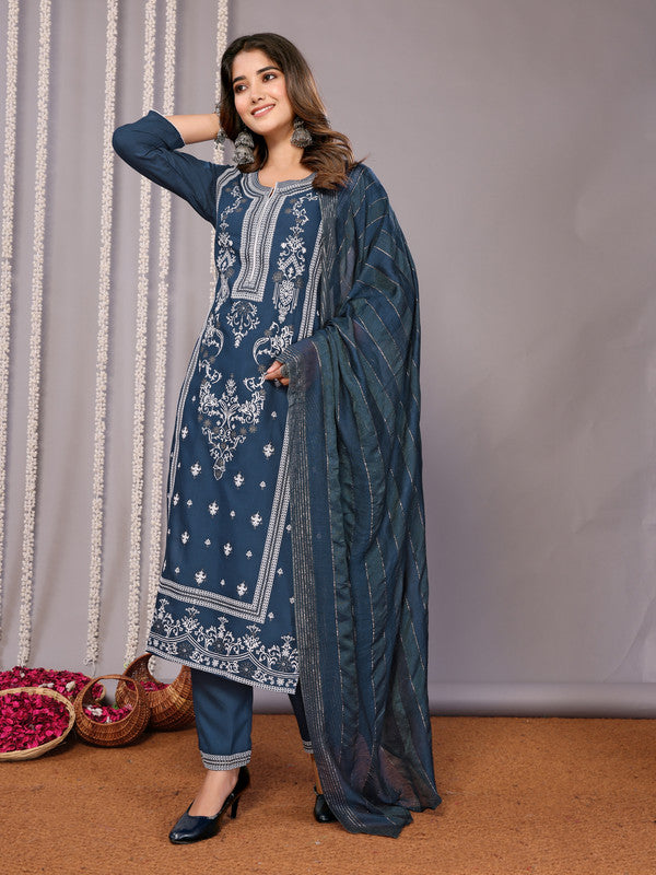 Malishka Women's Cotton Blend Printed Straight Kurta Pant With Dupatta - Teal Blue - Distacart