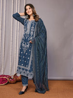Thumbnail for Malishka Women's Cotton Blend Printed Straight Kurta Pant With Dupatta - Teal Blue - Distacart