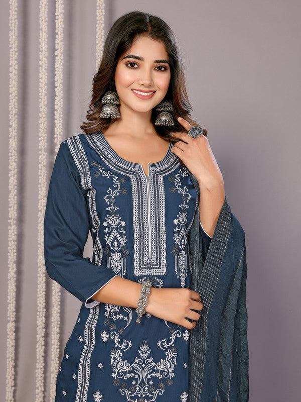 Malishka Women's Cotton Blend Printed Straight Kurta Pant With Dupatta - Teal Blue - Distacart