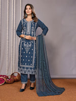 Thumbnail for Malishka Women's Cotton Blend Printed Straight Kurta Pant With Dupatta - Teal Blue - Distacart