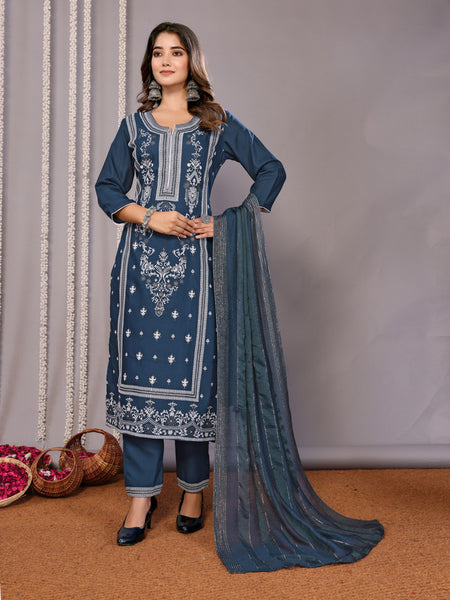 Malishka Women's Cotton Blend Printed Straight Kurta Pant With Dupatta - Teal Blue - Distacart
