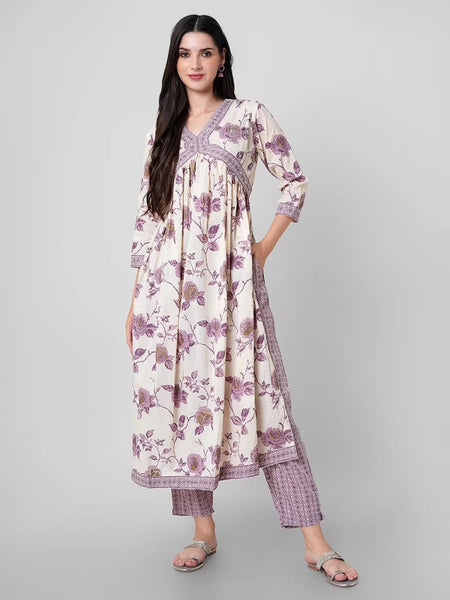Malishka Women's Lavender Cotton Floral Printed Kurta Set With Dupatta - Distacart