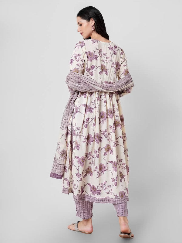 Malishka Women's Lavender Cotton Floral Printed Kurta Set With Dupatta - Distacart