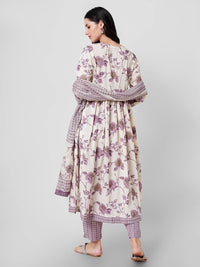 Thumbnail for Malishka Women's Lavender Cotton Floral Printed Kurta Set With Dupatta - Distacart