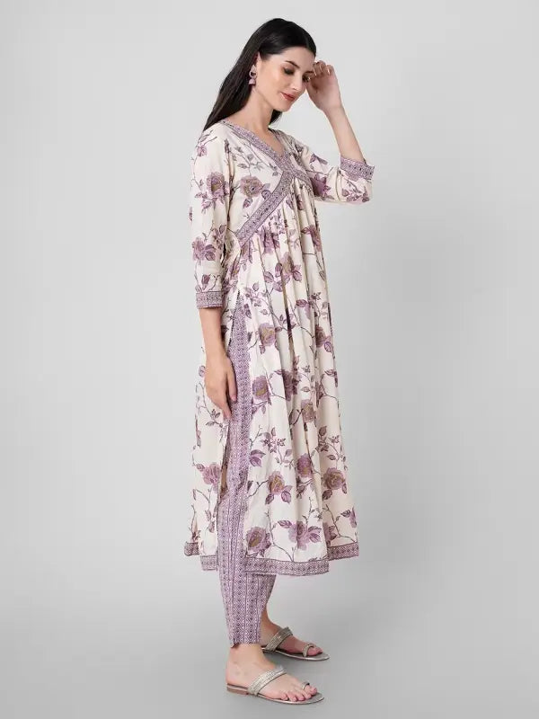 Malishka Women's Lavender Cotton Floral Printed Kurta Set With Dupatta - Distacart