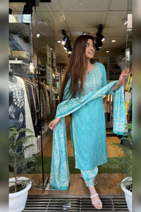Thumbnail for Malishka Women's Sky Blue Cotton Bandhani Printed & Embroidery Kurta Set With Dupatta - Distacart