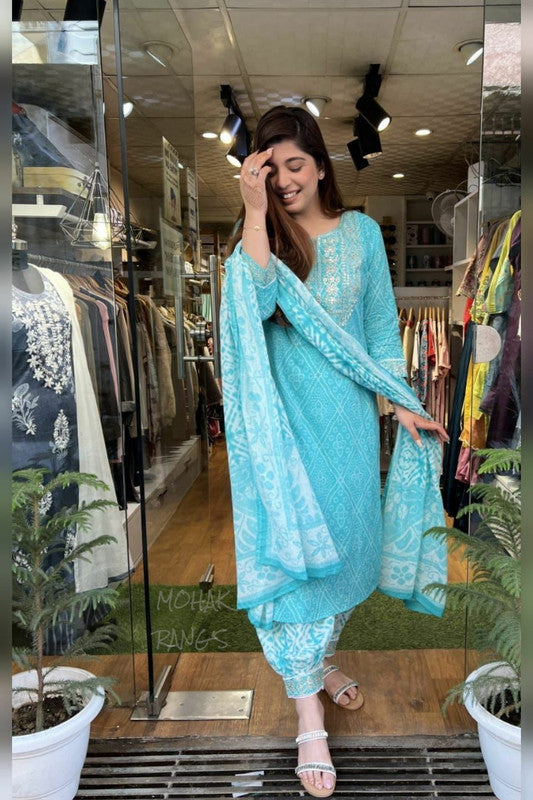 Malishka Women's Sky Blue Cotton Bandhani Printed & Embroidery Kurta Set With Dupatta - Distacart