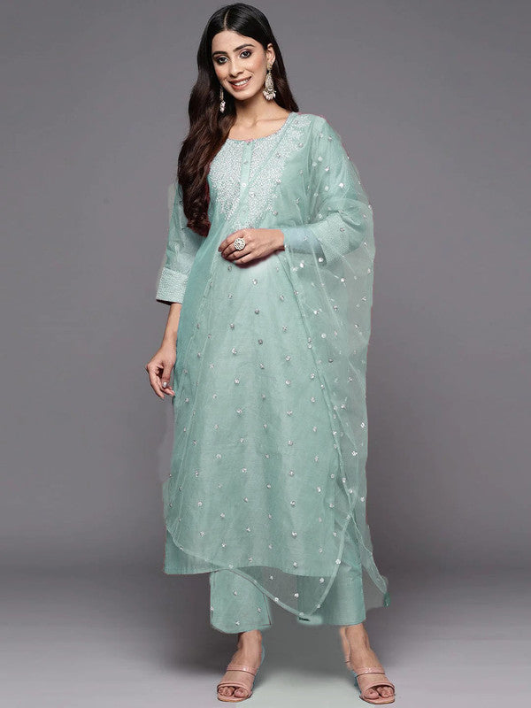 Malishka Women's Firozi Gold Poly Silk Embroidery Kurta Pant Set With Dupatta - Distacart