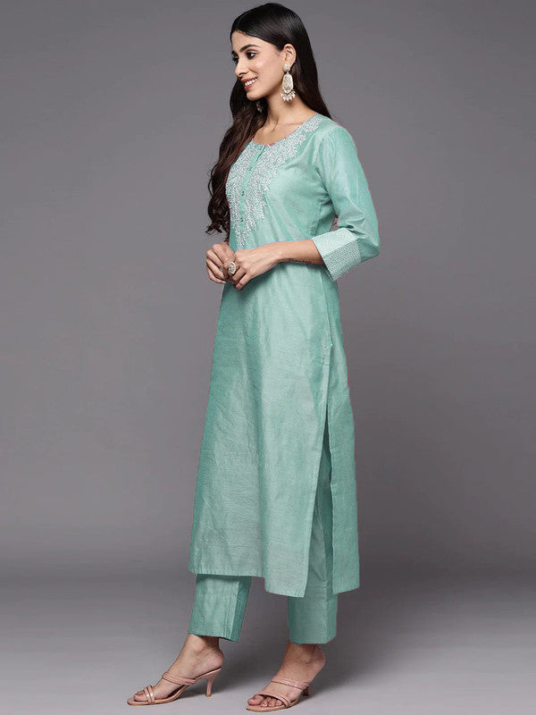 Malishka Women's Firozi Gold Poly Silk Embroidery Kurta Pant Set With Dupatta - Distacart