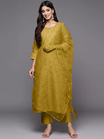 Thumbnail for Malishka Women's Mustard Poly Silk Embroidery Kurta Pant Set With Dupatta - Distacart